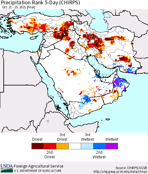 Middle East and Turkey Precipitation Rank since 1981, 5-Day (CHIRPS) Thematic Map For 10/21/2021 - 10/25/2021