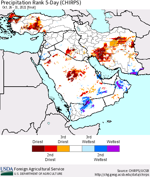 Middle East and Turkey Precipitation Rank since 1981, 5-Day (CHIRPS) Thematic Map For 10/26/2021 - 10/31/2021