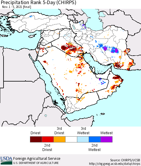 Middle East and Turkey Precipitation Rank since 1981, 5-Day (CHIRPS) Thematic Map For 11/1/2021 - 11/5/2021