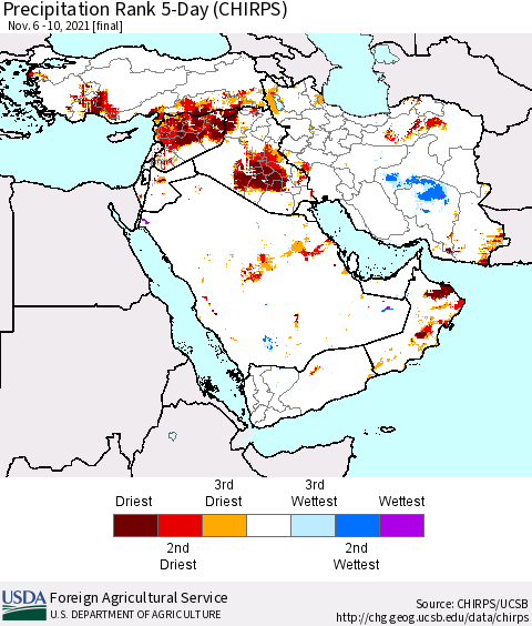 Middle East and Turkey Precipitation Rank since 1981, 5-Day (CHIRPS) Thematic Map For 11/6/2021 - 11/10/2021