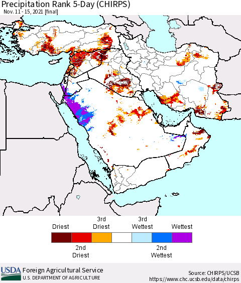 Middle East and Turkey Precipitation Rank since 1981, 5-Day (CHIRPS) Thematic Map For 11/11/2021 - 11/15/2021