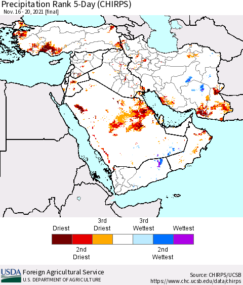 Middle East and Turkey Precipitation Rank since 1981, 5-Day (CHIRPS) Thematic Map For 11/16/2021 - 11/20/2021