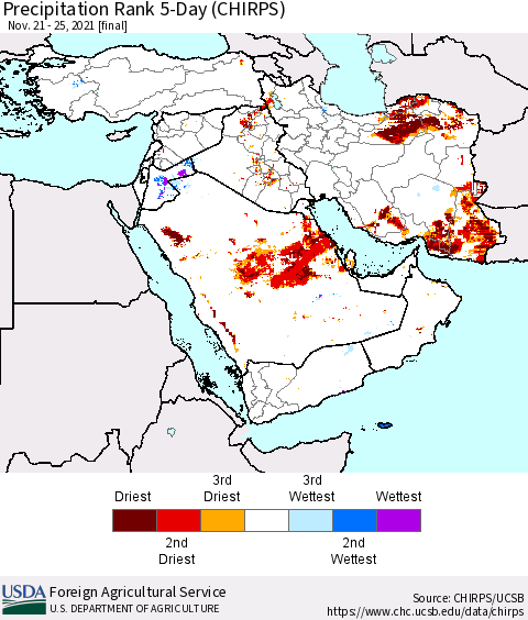 Middle East and Turkey Precipitation Rank since 1981, 5-Day (CHIRPS) Thematic Map For 11/21/2021 - 11/25/2021