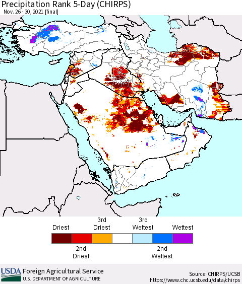 Middle East and Turkey Precipitation Rank since 1981, 5-Day (CHIRPS) Thematic Map For 11/26/2021 - 11/30/2021
