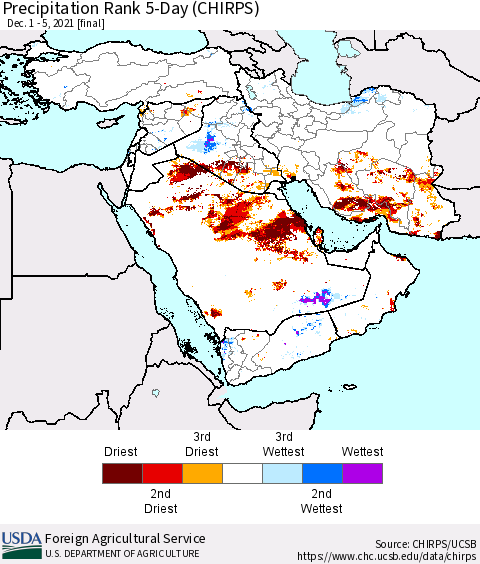Middle East and Turkey Precipitation Rank since 1981, 5-Day (CHIRPS) Thematic Map For 12/1/2021 - 12/5/2021