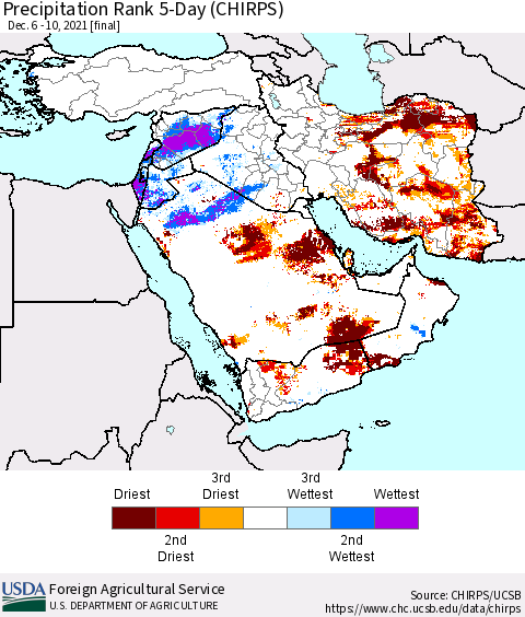 Middle East and Turkey Precipitation Rank since 1981, 5-Day (CHIRPS) Thematic Map For 12/6/2021 - 12/10/2021