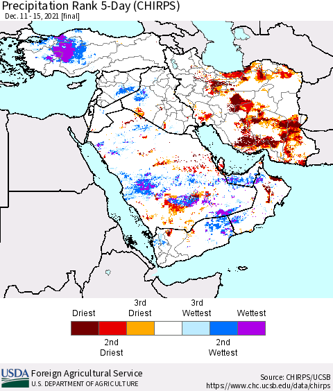 Middle East and Turkey Precipitation Rank since 1981, 5-Day (CHIRPS) Thematic Map For 12/11/2021 - 12/15/2021