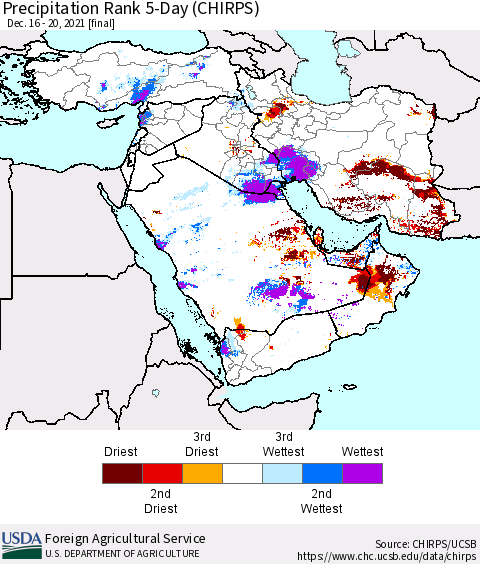 Middle East and Turkey Precipitation Rank since 1981, 5-Day (CHIRPS) Thematic Map For 12/16/2021 - 12/20/2021