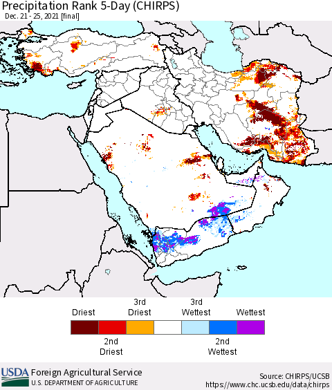 Middle East and Turkey Precipitation Rank since 1981, 5-Day (CHIRPS) Thematic Map For 12/21/2021 - 12/25/2021