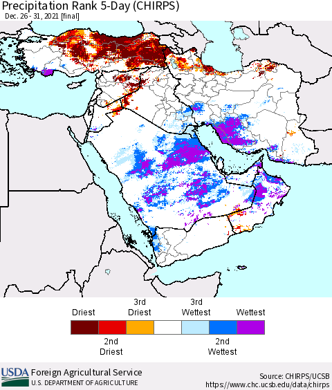 Middle East and Turkey Precipitation Rank since 1981, 5-Day (CHIRPS) Thematic Map For 12/26/2021 - 12/31/2021
