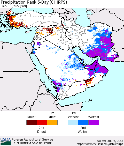 Middle East and Turkey Precipitation Rank since 1981, 5-Day (CHIRPS) Thematic Map For 1/1/2022 - 1/5/2022