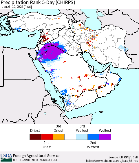 Middle East and Turkey Precipitation Rank since 1981, 5-Day (CHIRPS) Thematic Map For 1/6/2022 - 1/10/2022