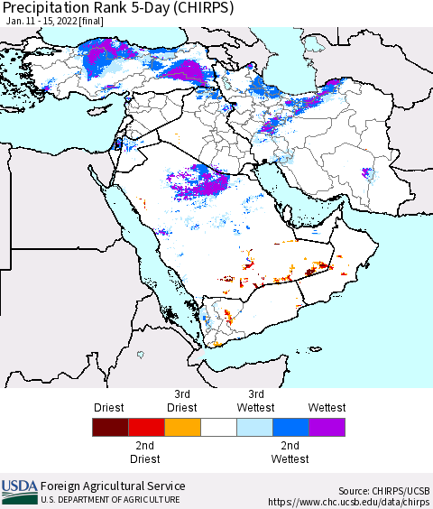 Middle East and Turkey Precipitation Rank since 1981, 5-Day (CHIRPS) Thematic Map For 1/11/2022 - 1/15/2022