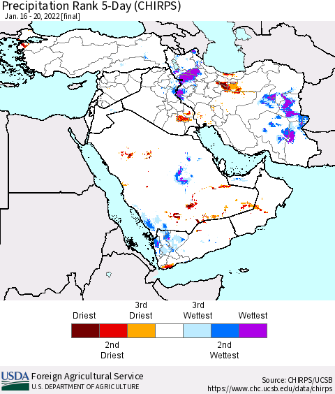 Middle East and Turkey Precipitation Rank since 1981, 5-Day (CHIRPS) Thematic Map For 1/16/2022 - 1/20/2022