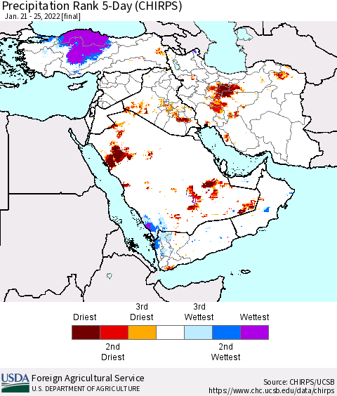 Middle East and Turkey Precipitation Rank since 1981, 5-Day (CHIRPS) Thematic Map For 1/21/2022 - 1/25/2022