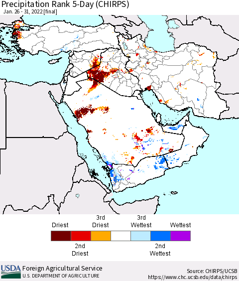 Middle East and Turkey Precipitation Rank since 1981, 5-Day (CHIRPS) Thematic Map For 1/26/2022 - 1/31/2022