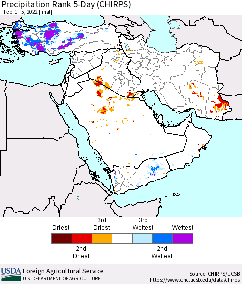 Middle East and Turkey Precipitation Rank since 1981, 5-Day (CHIRPS) Thematic Map For 2/1/2022 - 2/5/2022