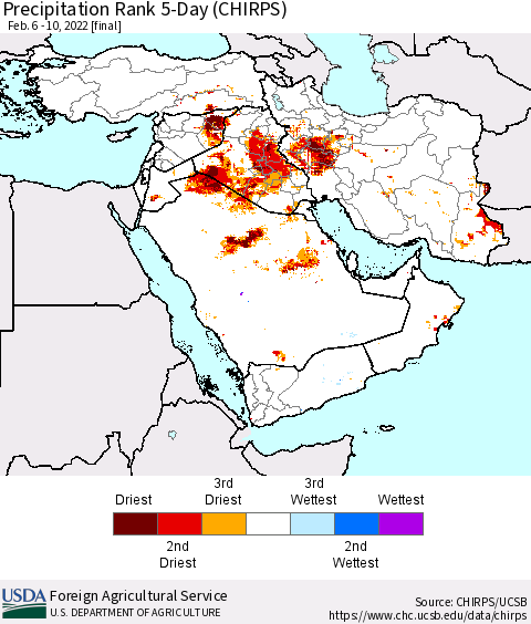 Middle East and Turkey Precipitation Rank since 1981, 5-Day (CHIRPS) Thematic Map For 2/6/2022 - 2/10/2022