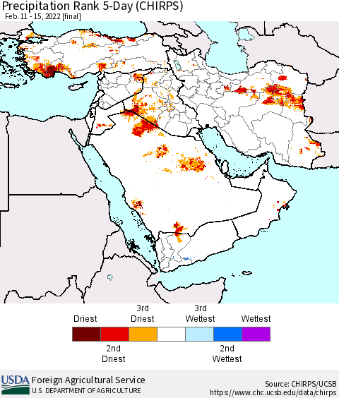 Middle East and Turkey Precipitation Rank since 1981, 5-Day (CHIRPS) Thematic Map For 2/11/2022 - 2/15/2022