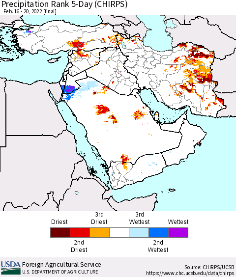 Middle East and Turkey Precipitation Rank since 1981, 5-Day (CHIRPS) Thematic Map For 2/16/2022 - 2/20/2022