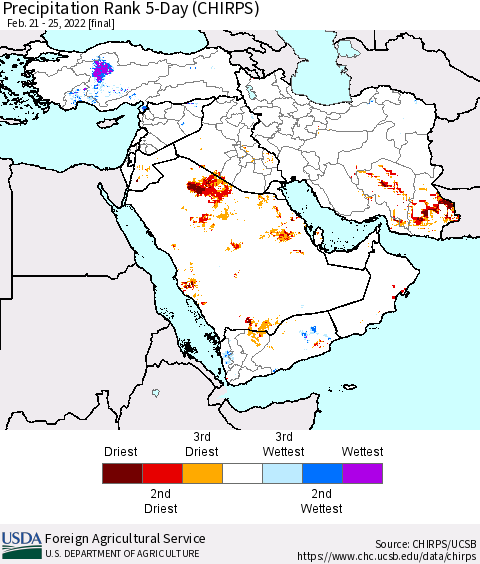 Middle East and Turkey Precipitation Rank since 1981, 5-Day (CHIRPS) Thematic Map For 2/21/2022 - 2/25/2022