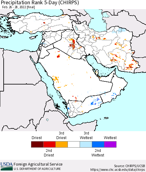 Middle East and Turkey Precipitation Rank since 1981, 5-Day (CHIRPS) Thematic Map For 2/26/2022 - 2/28/2022