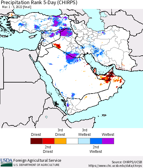 Middle East and Turkey Precipitation Rank since 1981, 5-Day (CHIRPS) Thematic Map For 3/1/2022 - 3/5/2022
