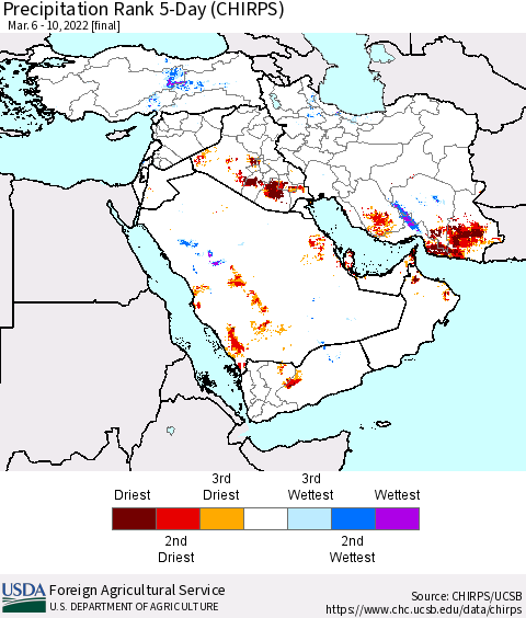 Middle East and Turkey Precipitation Rank since 1981, 5-Day (CHIRPS) Thematic Map For 3/6/2022 - 3/10/2022