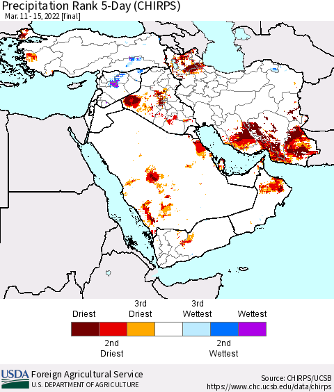 Middle East and Turkey Precipitation Rank since 1981, 5-Day (CHIRPS) Thematic Map For 3/11/2022 - 3/15/2022