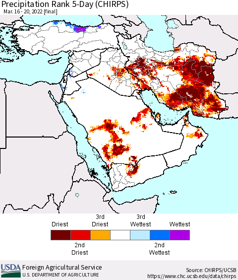 Middle East and Turkey Precipitation Rank since 1981, 5-Day (CHIRPS) Thematic Map For 3/16/2022 - 3/20/2022