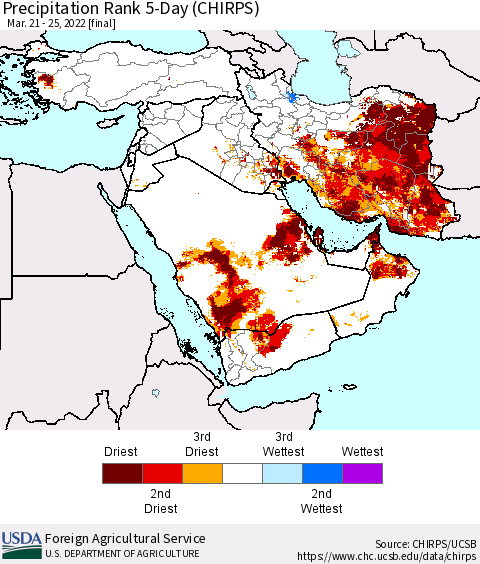 Middle East and Turkey Precipitation Rank since 1981, 5-Day (CHIRPS) Thematic Map For 3/21/2022 - 3/25/2022