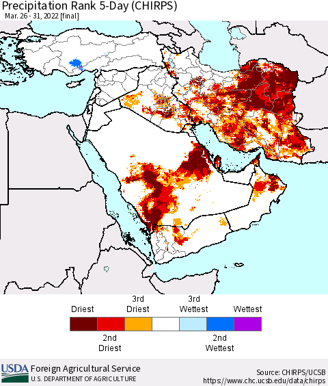 Middle East and Turkey Precipitation Rank since 1981, 5-Day (CHIRPS) Thematic Map For 3/26/2022 - 3/31/2022