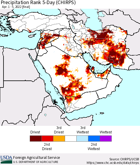 Middle East and Turkey Precipitation Rank since 1981, 5-Day (CHIRPS) Thematic Map For 4/1/2022 - 4/5/2022