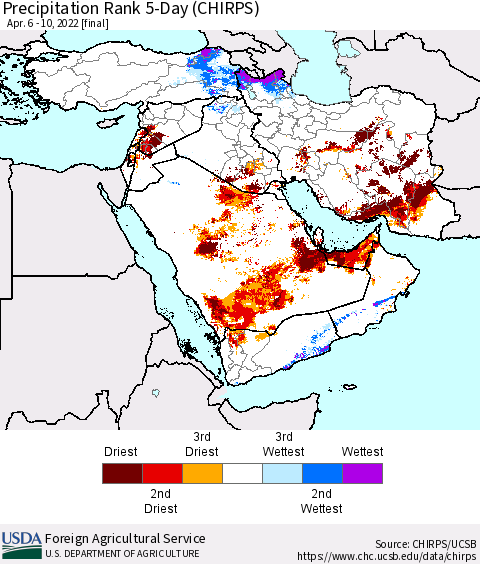 Middle East and Turkey Precipitation Rank since 1981, 5-Day (CHIRPS) Thematic Map For 4/6/2022 - 4/10/2022