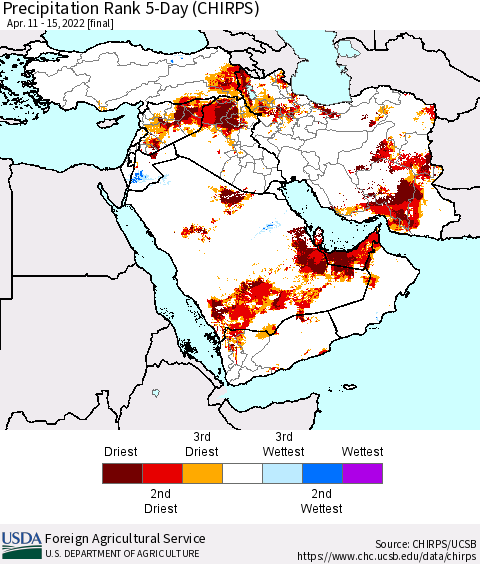 Middle East and Turkey Precipitation Rank since 1981, 5-Day (CHIRPS) Thematic Map For 4/11/2022 - 4/15/2022
