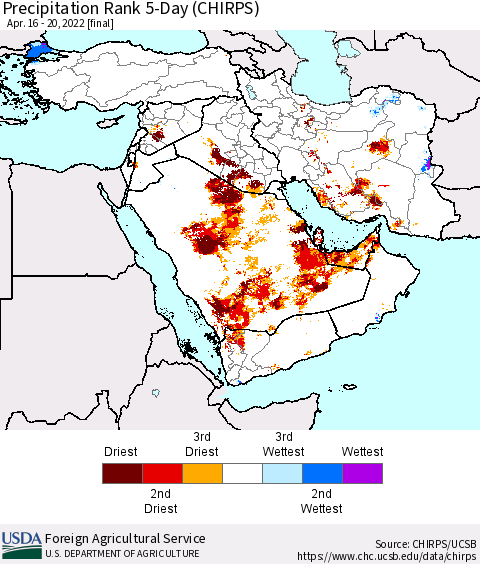 Middle East and Turkey Precipitation Rank since 1981, 5-Day (CHIRPS) Thematic Map For 4/16/2022 - 4/20/2022
