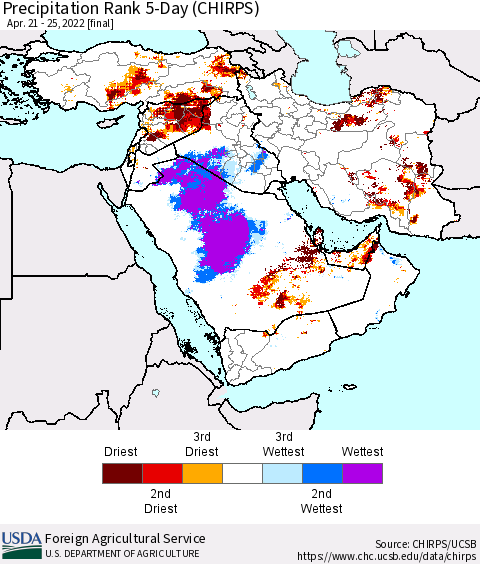 Middle East and Turkey Precipitation Rank since 1981, 5-Day (CHIRPS) Thematic Map For 4/21/2022 - 4/25/2022