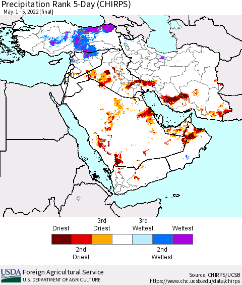 Middle East and Turkey Precipitation Rank since 1981, 5-Day (CHIRPS) Thematic Map For 5/1/2022 - 5/5/2022