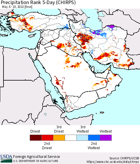 Middle East and Turkey Precipitation Rank since 1981, 5-Day (CHIRPS) Thematic Map For 5/6/2022 - 5/10/2022