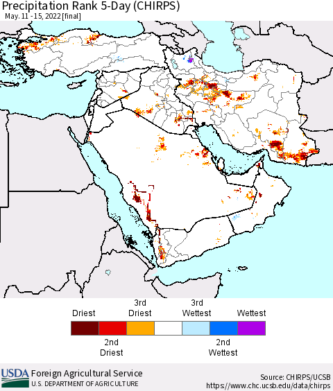 Middle East and Turkey Precipitation Rank since 1981, 5-Day (CHIRPS) Thematic Map For 5/11/2022 - 5/15/2022