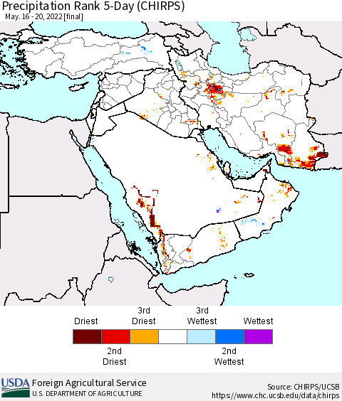 Middle East and Turkey Precipitation Rank since 1981, 5-Day (CHIRPS) Thematic Map For 5/16/2022 - 5/20/2022