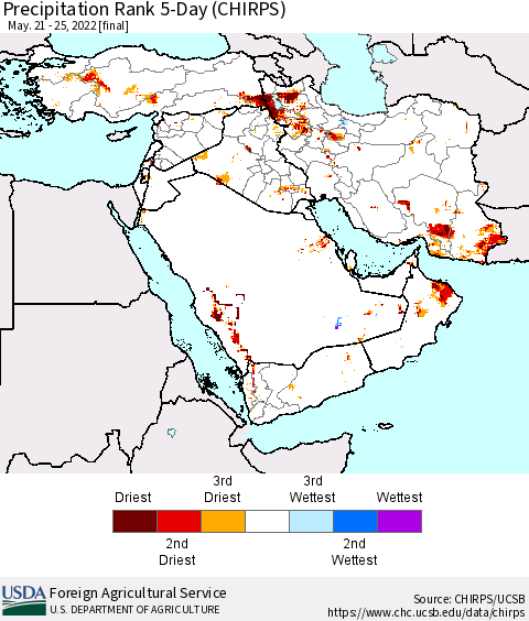Middle East and Turkey Precipitation Rank since 1981, 5-Day (CHIRPS) Thematic Map For 5/21/2022 - 5/25/2022