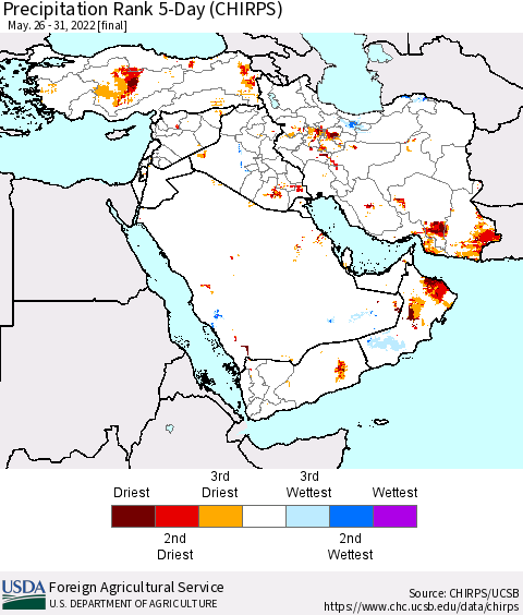 Middle East and Turkey Precipitation Rank since 1981, 5-Day (CHIRPS) Thematic Map For 5/26/2022 - 5/31/2022