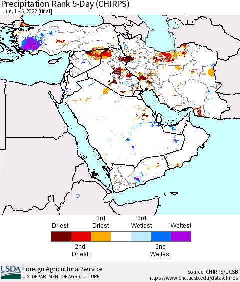 Middle East and Turkey Precipitation Rank since 1981, 5-Day (CHIRPS) Thematic Map For 6/1/2022 - 6/5/2022
