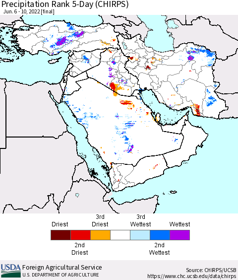 Middle East and Turkey Precipitation Rank since 1981, 5-Day (CHIRPS) Thematic Map For 6/6/2022 - 6/10/2022