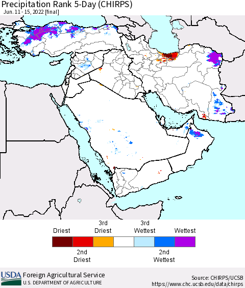 Middle East and Turkey Precipitation Rank since 1981, 5-Day (CHIRPS) Thematic Map For 6/11/2022 - 6/15/2022