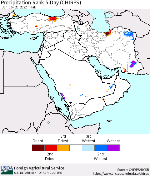 Middle East and Turkey Precipitation Rank since 1981, 5-Day (CHIRPS) Thematic Map For 6/16/2022 - 6/20/2022