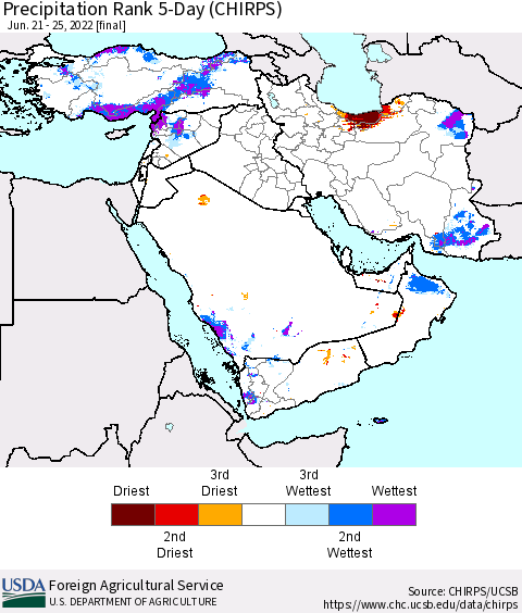 Middle East and Turkey Precipitation Rank since 1981, 5-Day (CHIRPS) Thematic Map For 6/21/2022 - 6/25/2022