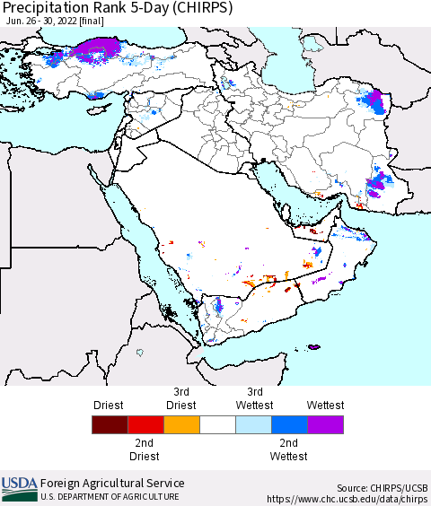 Middle East and Turkey Precipitation Rank since 1981, 5-Day (CHIRPS) Thematic Map For 6/26/2022 - 6/30/2022