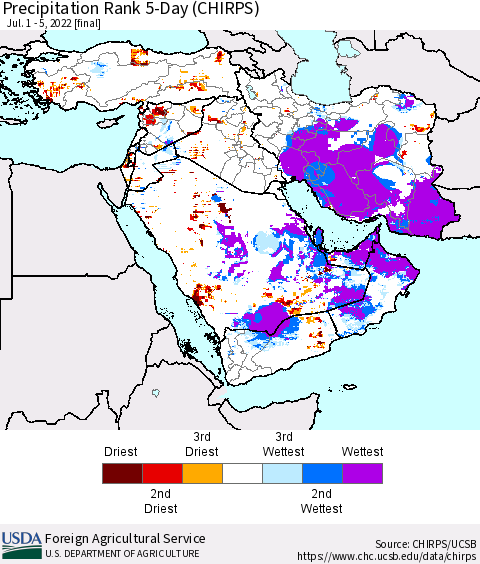 Middle East and Turkey Precipitation Rank since 1981, 5-Day (CHIRPS) Thematic Map For 7/1/2022 - 7/5/2022
